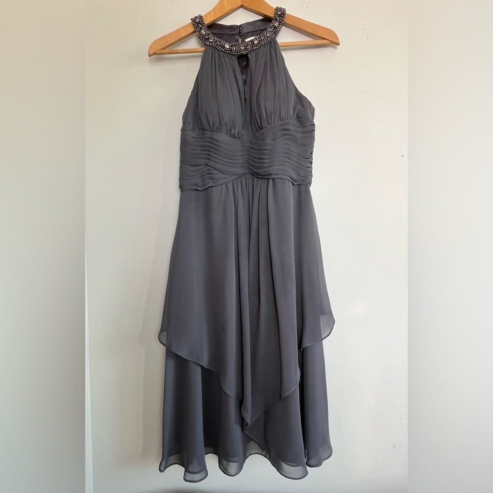 Eliza J Cocktail Dress Size 2 Gray Embellished Neck Tiered Chiffon Event Wear